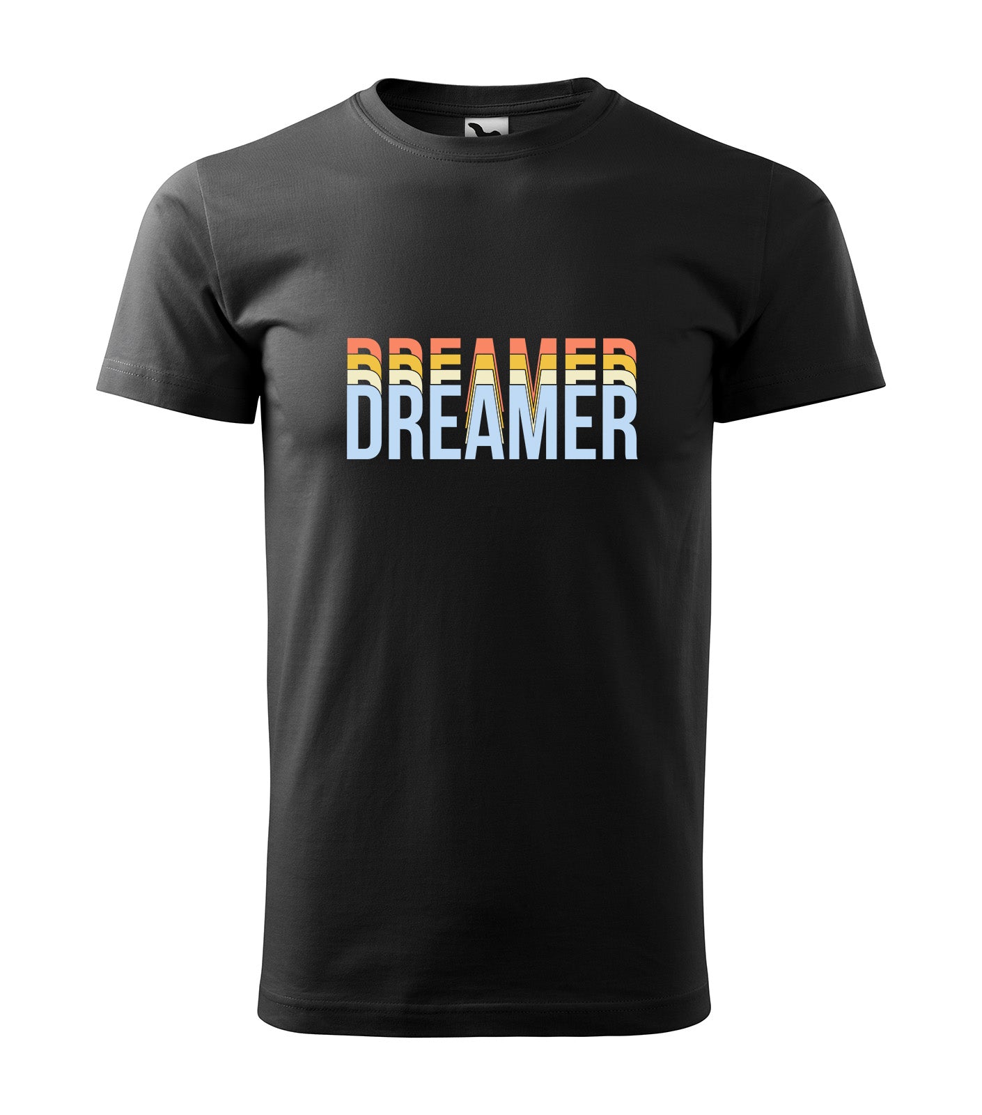 Schwarzes T-Shirt mit dem motivierenden Schriftzug „Dreamer“ in sanften Retro-Farben. Perfekt für Visionäre, Kreative und alle, die an ihre Träume glauben.