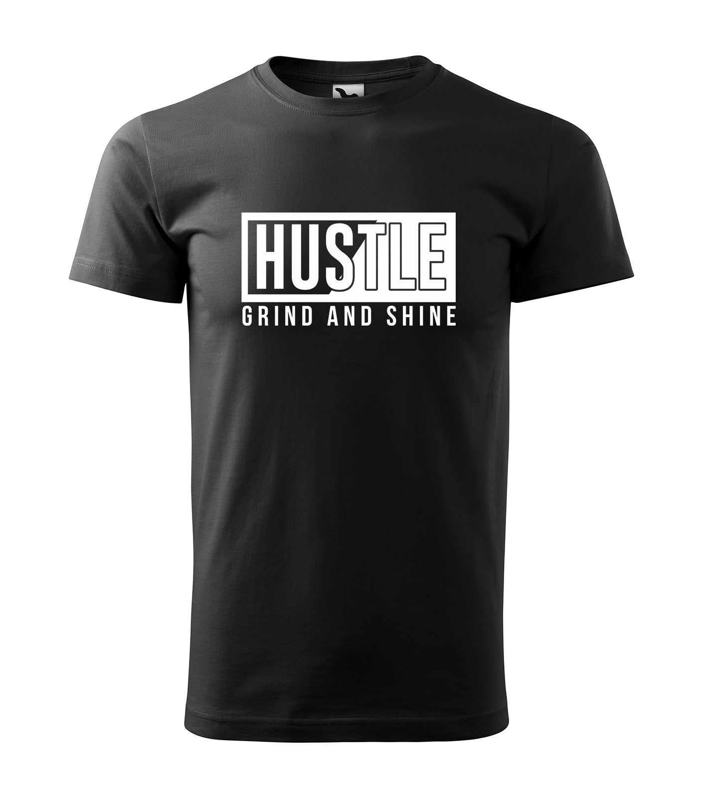Schwarzes T-Shirt mit dem motivierenden Statement „Hustle – Grind and Shine“ in weißer Schrift. Perfekt für motivierte Unternehmer, Sportler und alle Macher.