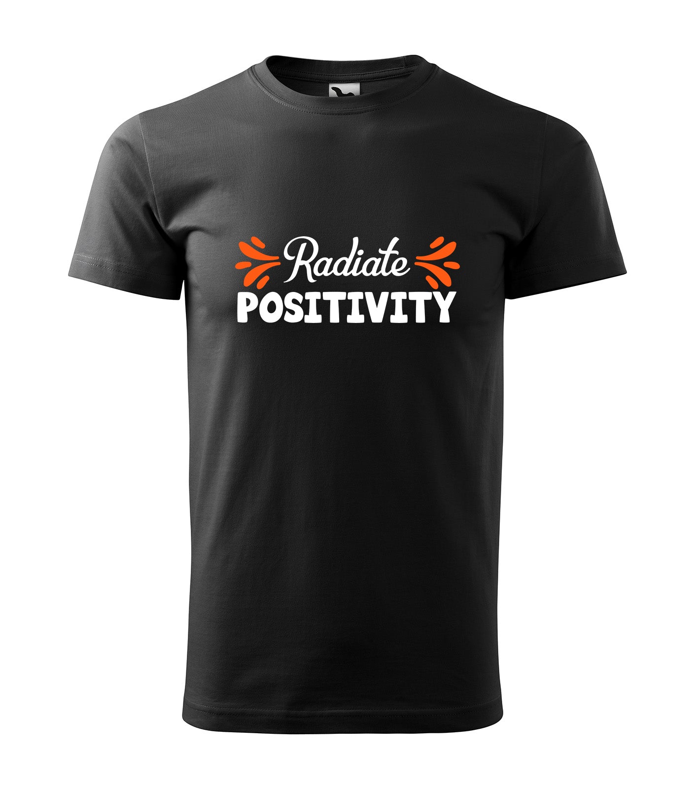 Schwarzes T-Shirt mit dem positiven Statement „Radiate Positivity“ in Weiß und orangen Akzenten. Perfekt für alle, die Positivität und gute Vibes verbreiten möchten.