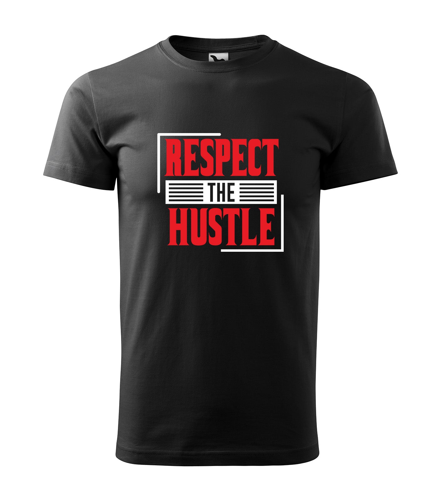Schwarzes T-Shirt mit dem kraftvollen Statement „Respect the Hustle“ in Rot und Weiß. Perfekt für Unternehmer, Sportler und alle, die hart arbeiten.