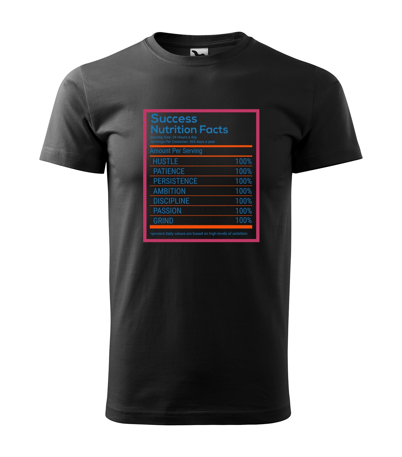 Schwarzes T-Shirt mit „Success Nutrition Facts“-Design im Stil einer Nährwerttabelle. Listet Hustle, Disziplin, Ausdauer und Ambition als essenzielle Zutaten für Erfolg auf. Perfekt für Unternehmer, Sportler und Motivationsfans.