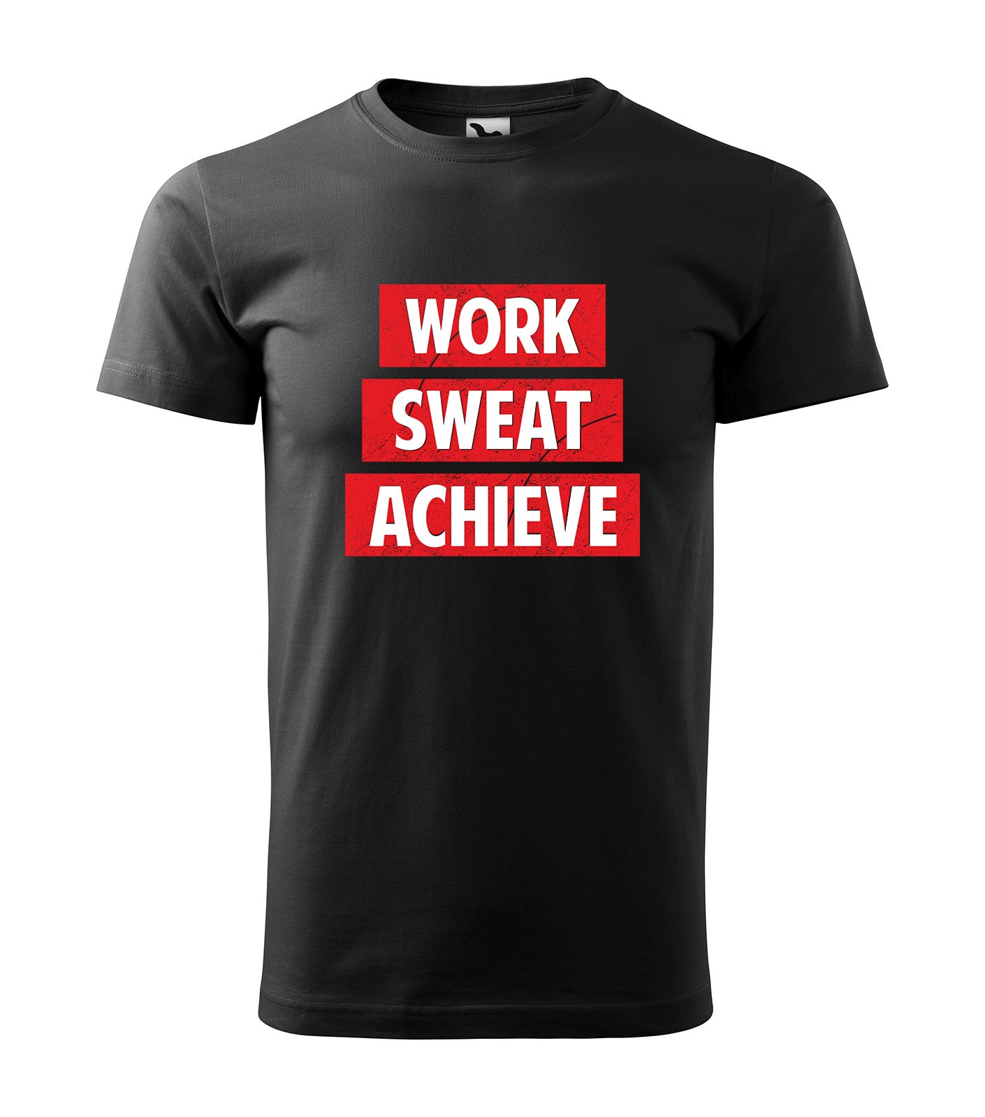 Schwarzes T-Shirt mit dem kraftvollen Spruch „Work Sweat Achieve“ in weißen Buchstaben auf roten Balken. Perfekt für Sportler, Unternehmer und alle, die hart für ihre Ziele arbeiten.
