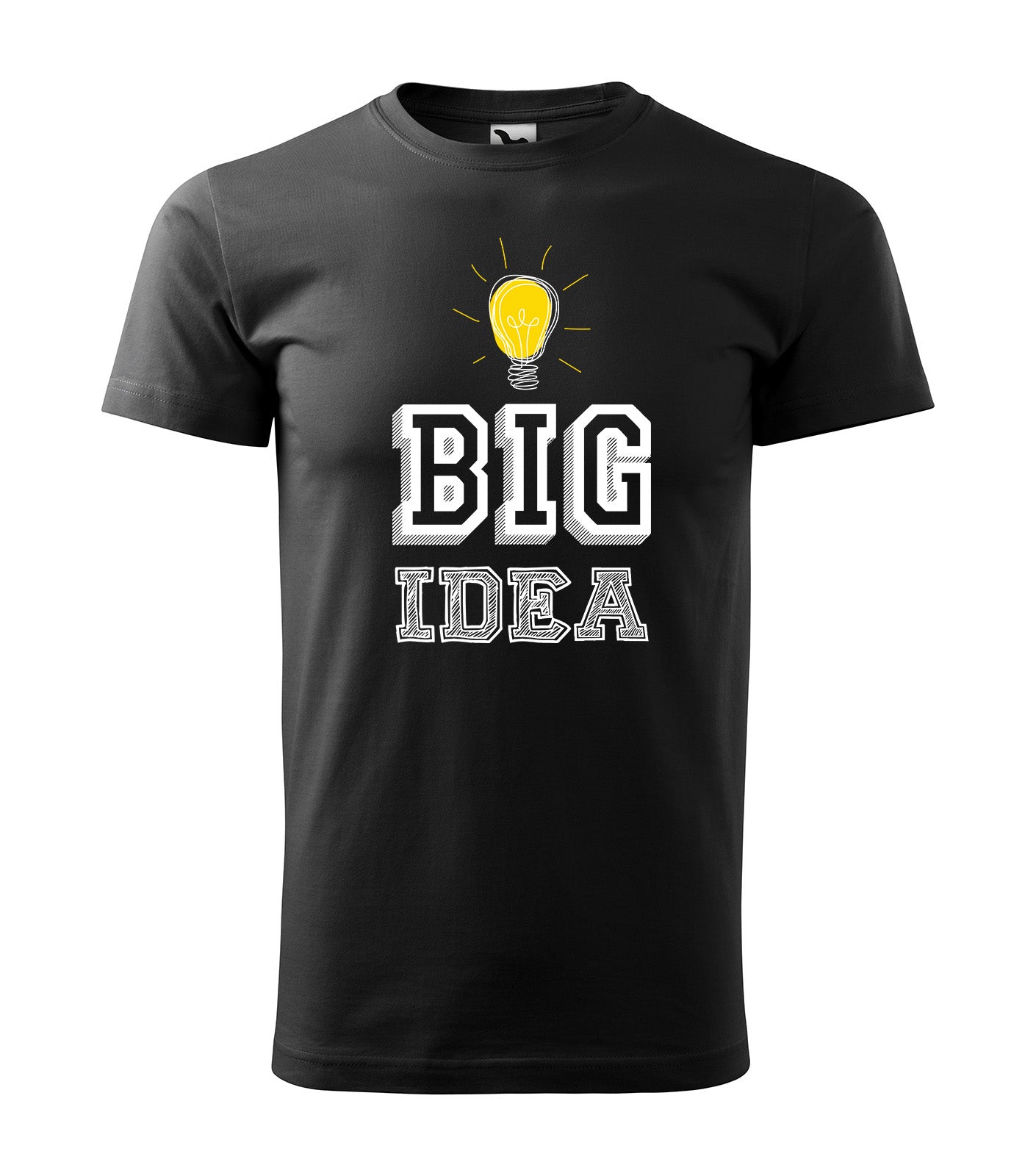 Schwarzes T-Shirt mit der Aufschrift „Big Idea“ und einer leuchtenden Glühbirne als Symbol für Kreativität und Innovation. Perfekt für Visionäre, Unternehmer und kreative Köpfe.