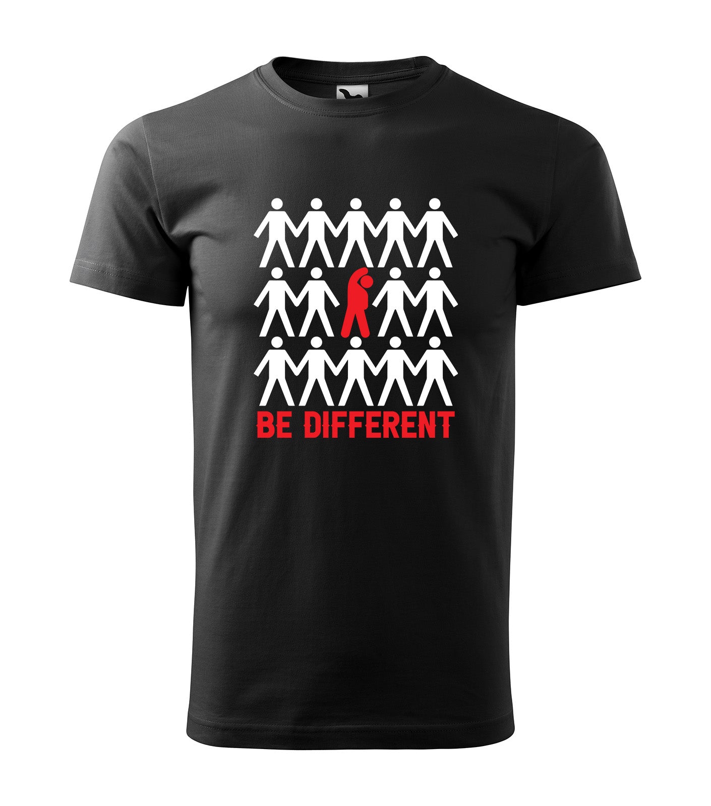 Schwarzes T-Shirt mit Grafik aus weißen Figuren und einer roten Figur, die sich abhebt, dazu der Schriftzug „Be Different“. Perfekt für Individualisten & Freigeister.