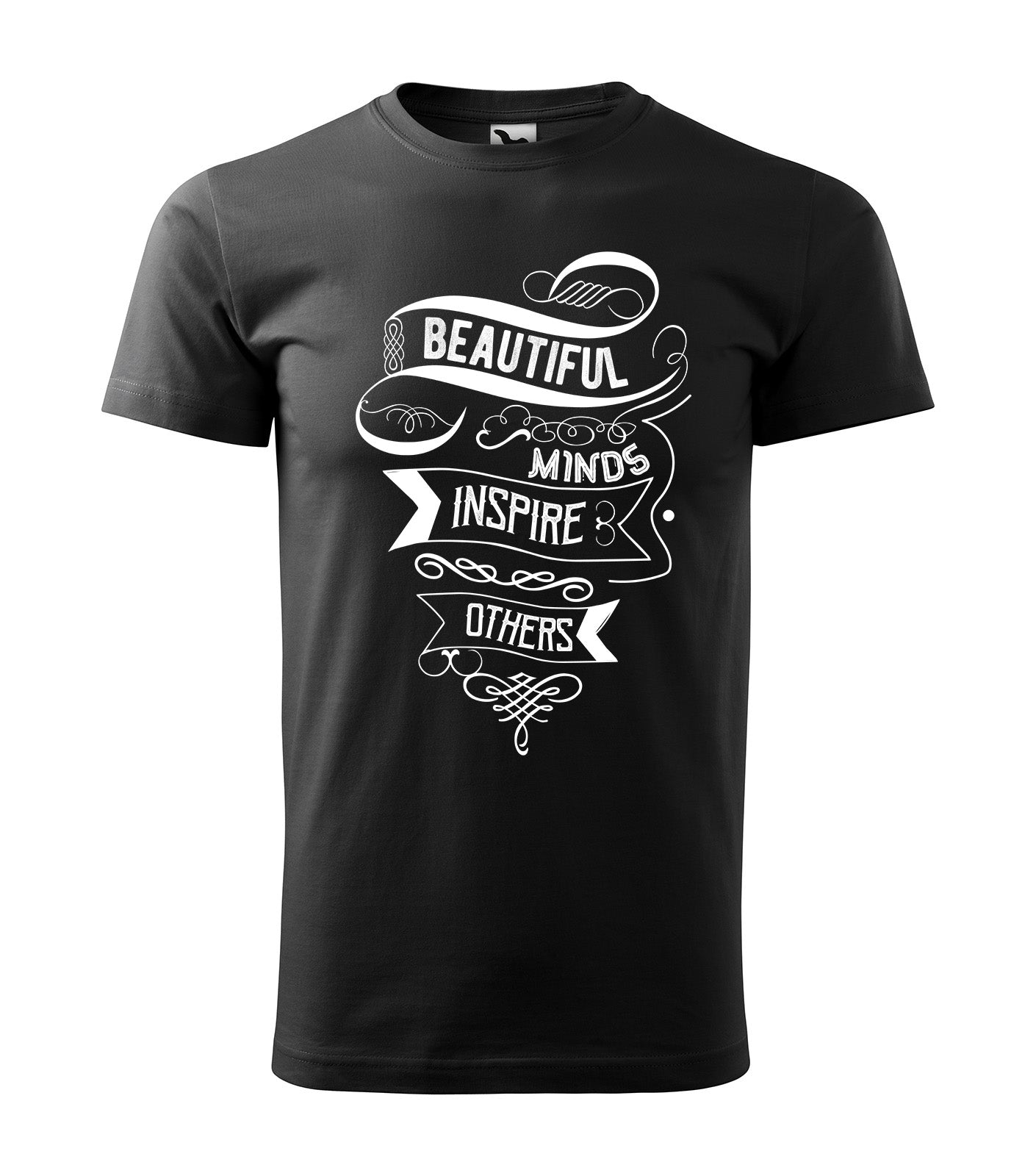 Schwarzes T-Shirt mit kunstvollem Schriftzug „Beautiful Minds Inspire Others“ in einem eleganten Vintage-Design. Perfekt für kreative und visionäre Denker.