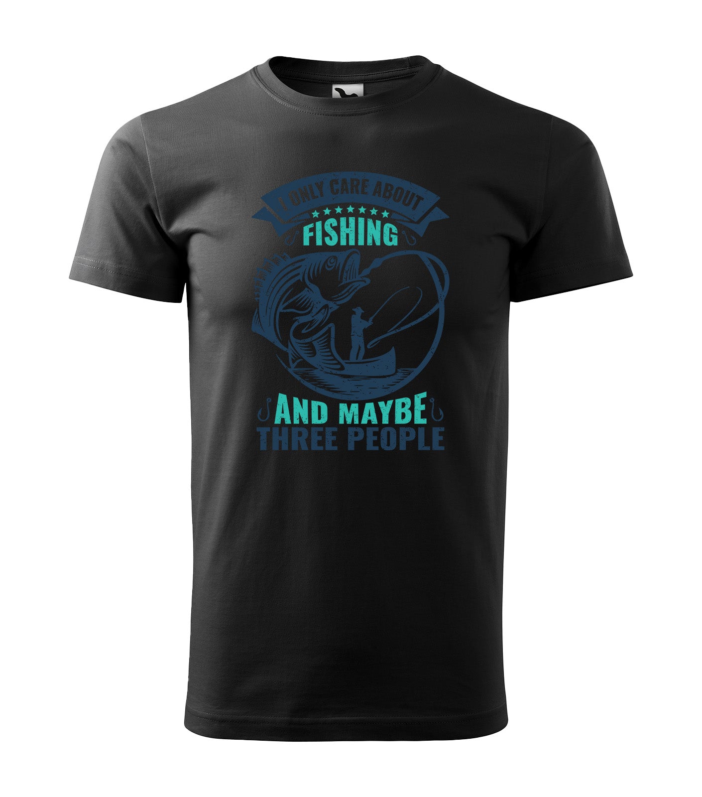 Schwarzes T-Shirt mit witzigem Spruch „I Only Care About Fishing and Maybe Three People“ in Blau-Grün, kombiniert mit einem Fisch-Design und Anglergrafik. Perfekt für leidenschaftliche Fischer.