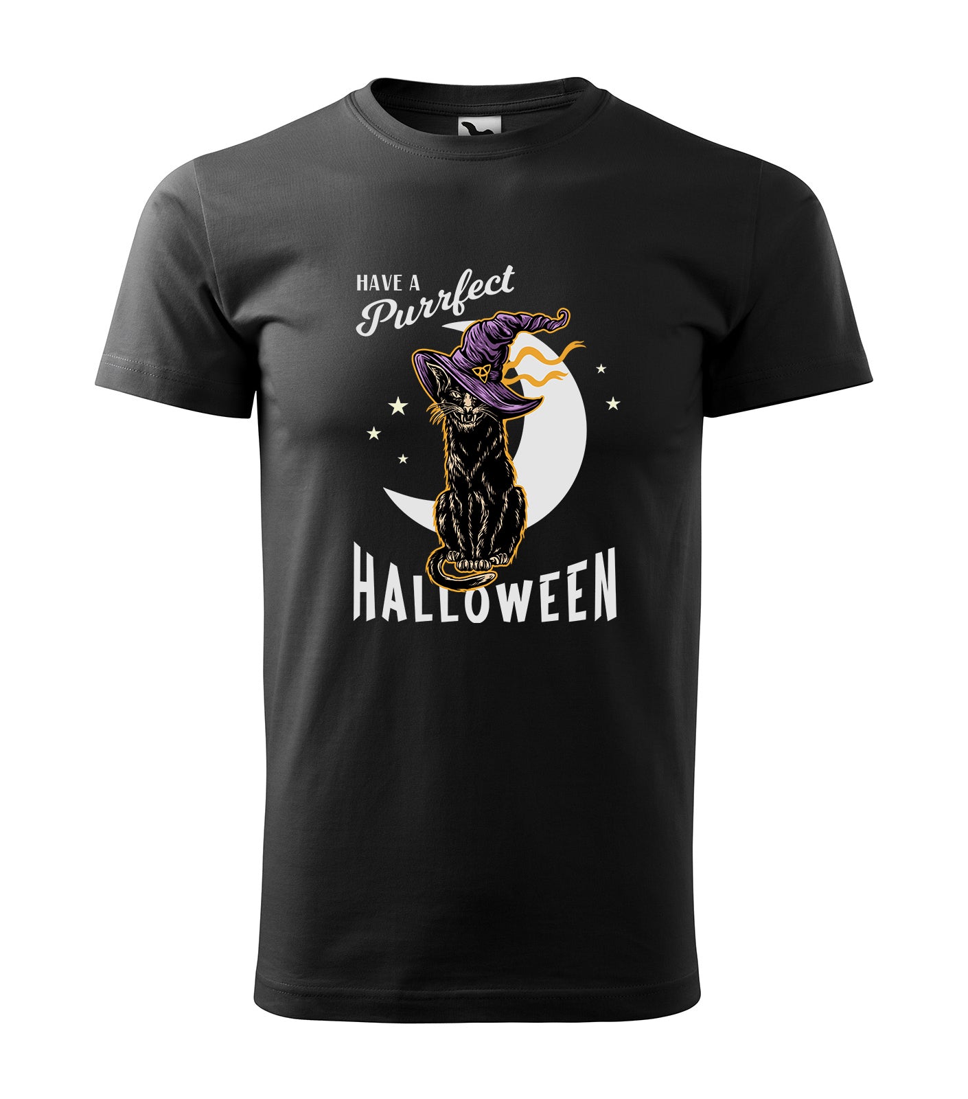 Schwarzes Halloween-T-Shirt mit dem Motiv einer schwarzen Katze, die einen lila Hexenhut trägt, sowie dem humorvollen Spruch "Have a Purrfect Halloween" im Mondschein. Perfektes Shirt für Katzen- und Halloween-Fans!