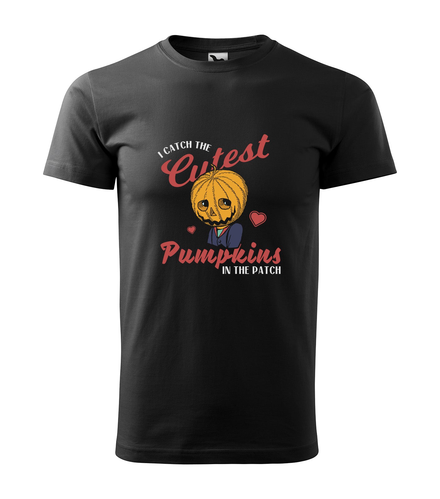Schwarzes T-Shirt mit einem niedlichen Kürbiskopf-Motiv und dem witzigen Spruch "I Catch the Cutest Pumpkins in the Patch". Ein lustiges und charmantes Shirt für alle, die zu Halloween den süßen und gruseligen Look lieben.