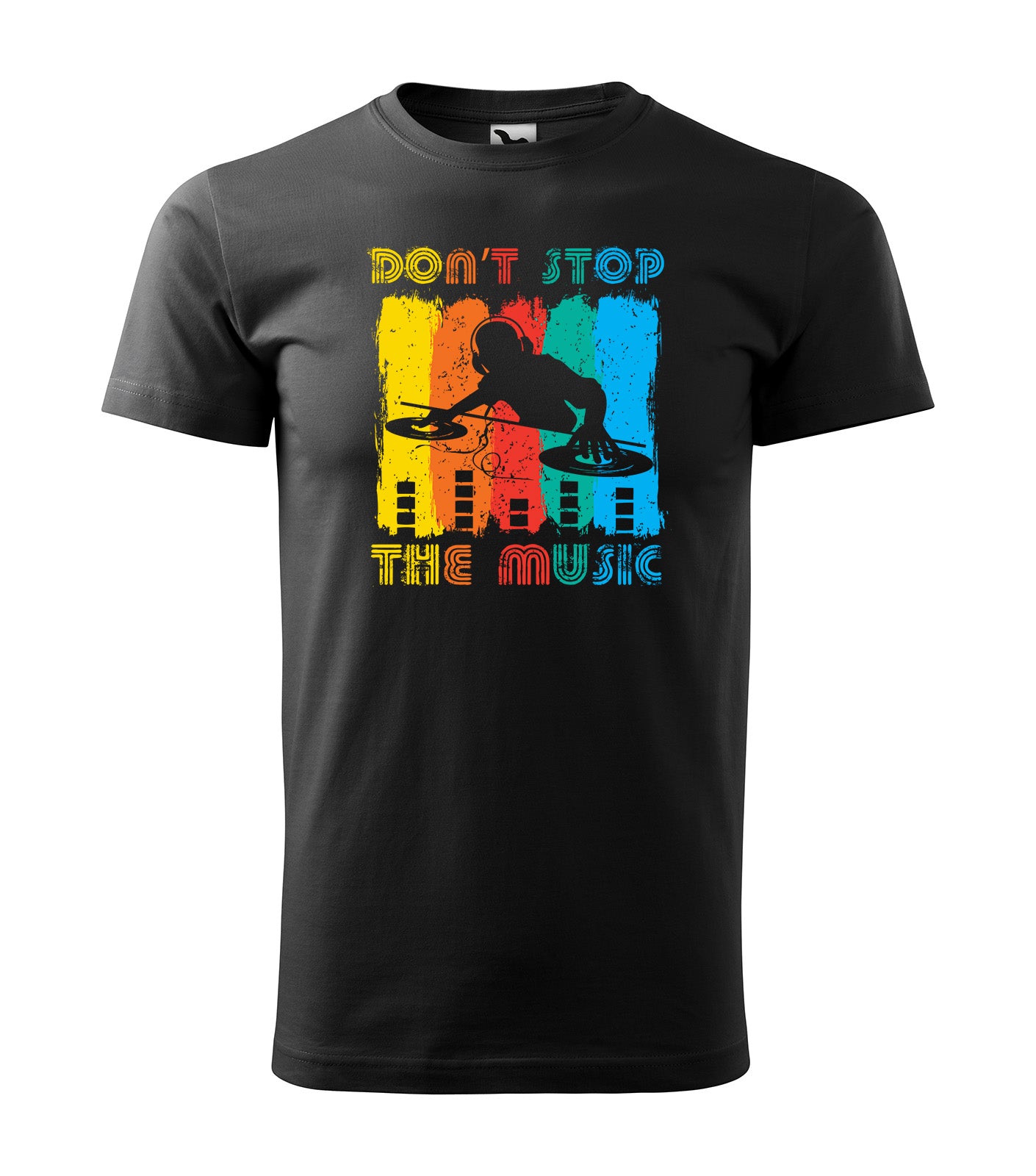 Schwarzes T-Shirt mit farbenfrohem DJ-Motiv und dem Schriftzug „Don’t Stop the Music“. Perfekt für Party-Liebhaber, DJs und Musikfans, die den Beat am Laufen halten wollen.