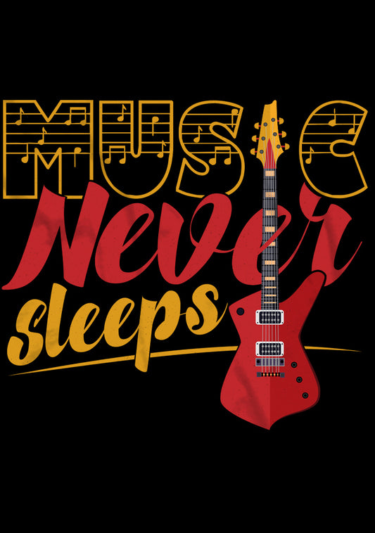 Schwarzes T-Shirt mit dem bunten Schriftzug „Music Never Sleeps“ und einer roten E-Gitarre. Perfekt für Musikliebhaber, Gitarristen und Nachteulen, die immer von Musik umgeben sein wollen.