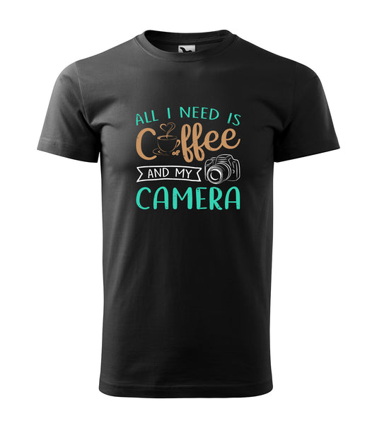 All I Need Is Coffee And My Camera - Alles, was ich brauche: Kaffee und meine Kamera | Schwarzes T-Shirt, 100% Baumwolle