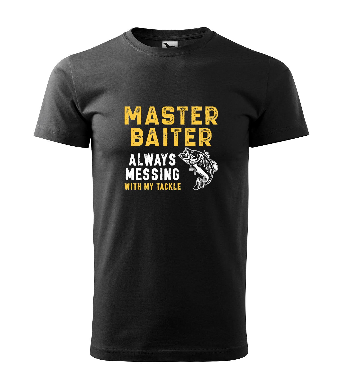 Schwarzes T-Shirt mit dem witzigen Spruch „Master Baiter – Always Messing with My Tackle“ in gelber und weißer Schrift sowie einem Fisch-Design. Perfekt für Angler mit Humor.