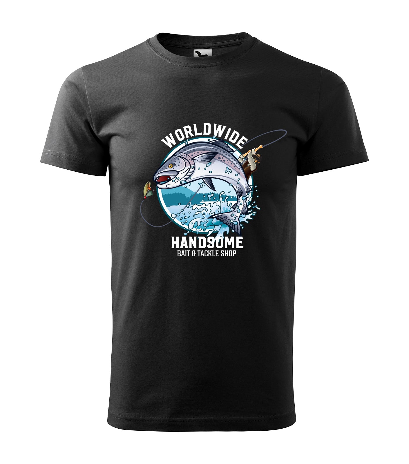 Schwarzes T-Shirt mit detailliertem Fischmotiv und dem Schriftzug „Worldwide Handsome – Bait & Tackle Shop“. Perfekt für stylische Angler & Outdoor-Fans.