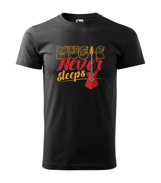 Schwarzes T-Shirt mit dem bunten Schriftzug „Music Never Sleeps“ und einer roten E-Gitarre. Perfekt für Musikliebhaber, Gitarristen und Nachteulen, die immer von Musik umgeben sein wollen.