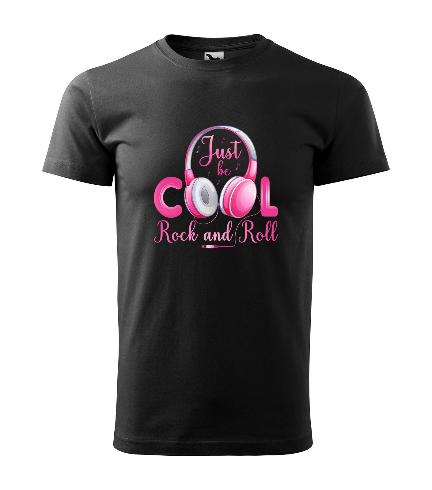 Schwarzes T-Shirt mit pinkem und weißem Schriftzug „Just Be Cool – Rock and Roll“ und Kopfhörer-Design. Ideal für Fans von Retro, Rockmusik und lässigen Outfits.