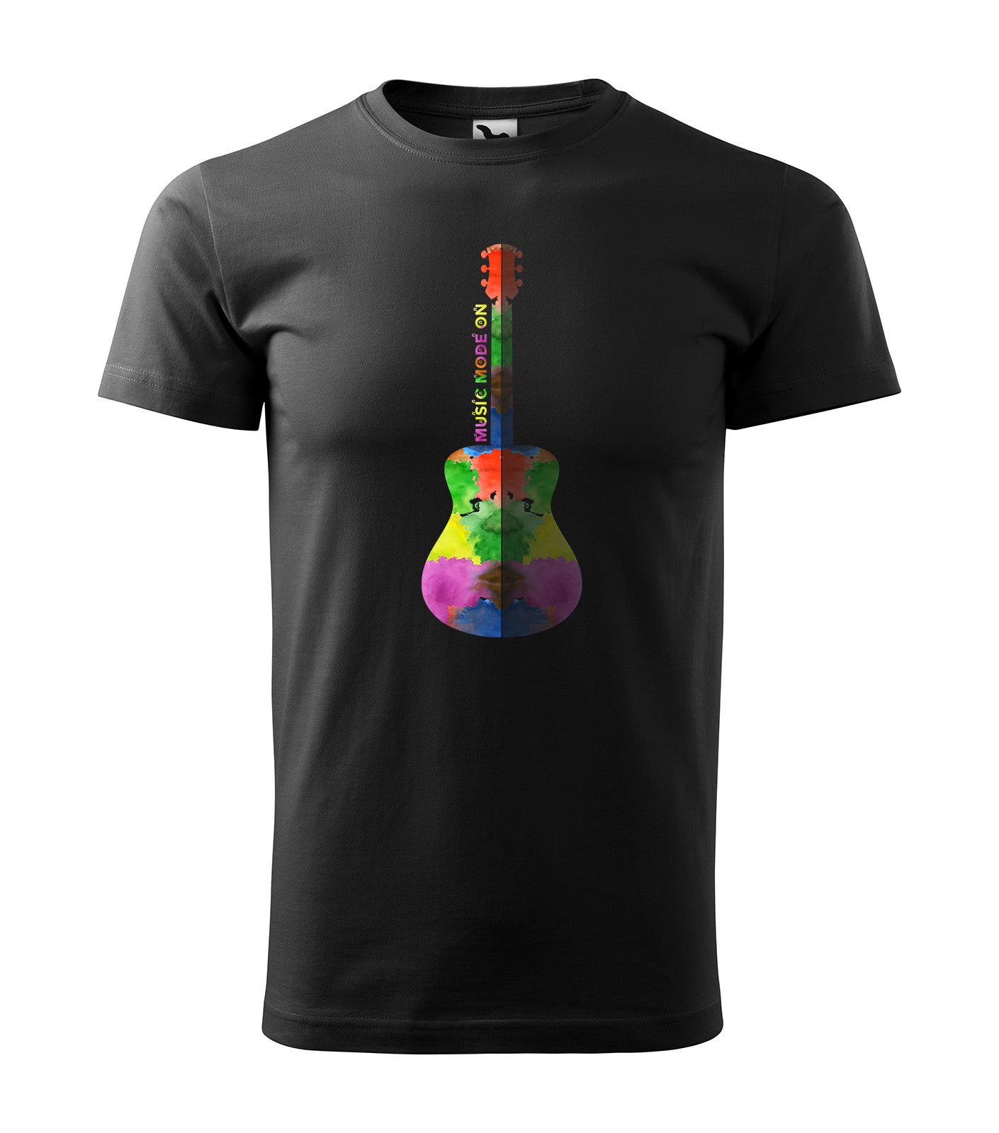 Schwarzes T-Shirt mit buntem Aquarell-Gitarren-Motiv und dem Schriftzug "Music Mode On". Perfekt für Musikliebhaber und Gitarristen, die Farbe in ihren Alltag bringen wollen.