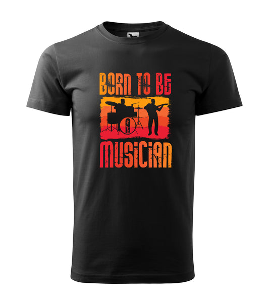 Schwarzes T-Shirt mit einem retrofarbigen Design und der Aufschrift „Born to Be Musician“, das eine Schlagzeuger- und Sänger-Silhouette zeigt. Perfekt für Musiker, die stolz ihre Leidenschaft demonstrieren wollen.