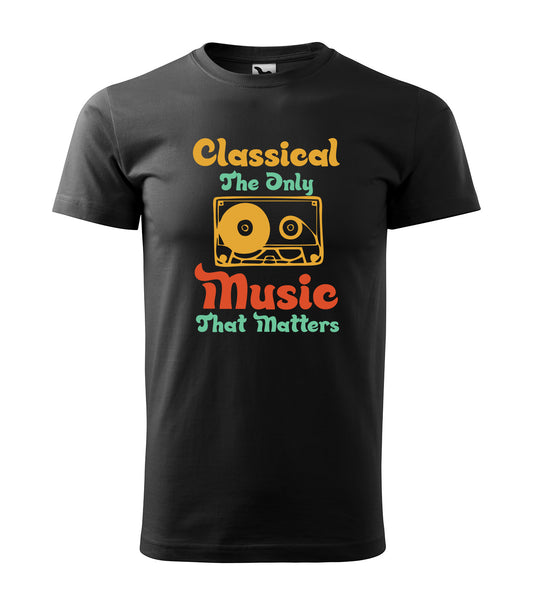 Schwarzes T-Shirt mit buntem Retro-Design und dem Statement „Classical – The Only Music That Matters“. Perfekt für Liebhaber klassischer Musik und retro-inspirierte Outfits.
