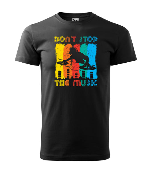 Schwarzes T-Shirt mit farbenfrohem DJ-Motiv und dem Schriftzug „Don’t Stop the Music“. Perfekt für Party-Liebhaber, DJs und Musikfans, die den Beat am Laufen halten wollen.