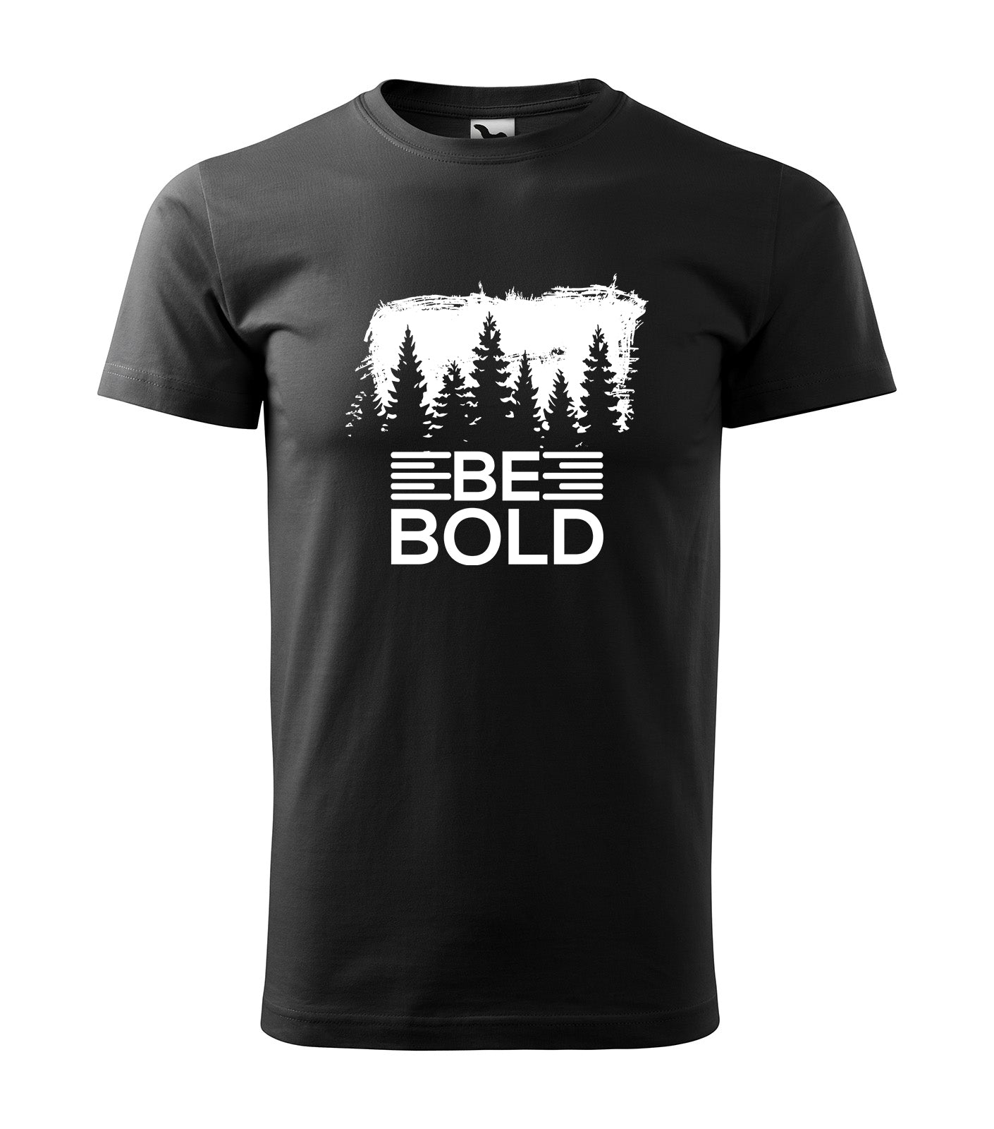 Schwarzes Motivations-T-Shirt mit dem inspirierenden Spruch „Be Bold“ und einer stilisierten Wald- und Berggrafik. Perfekt für alle, die Mut und Selbstbewusstsein ausstrahlen wollen.